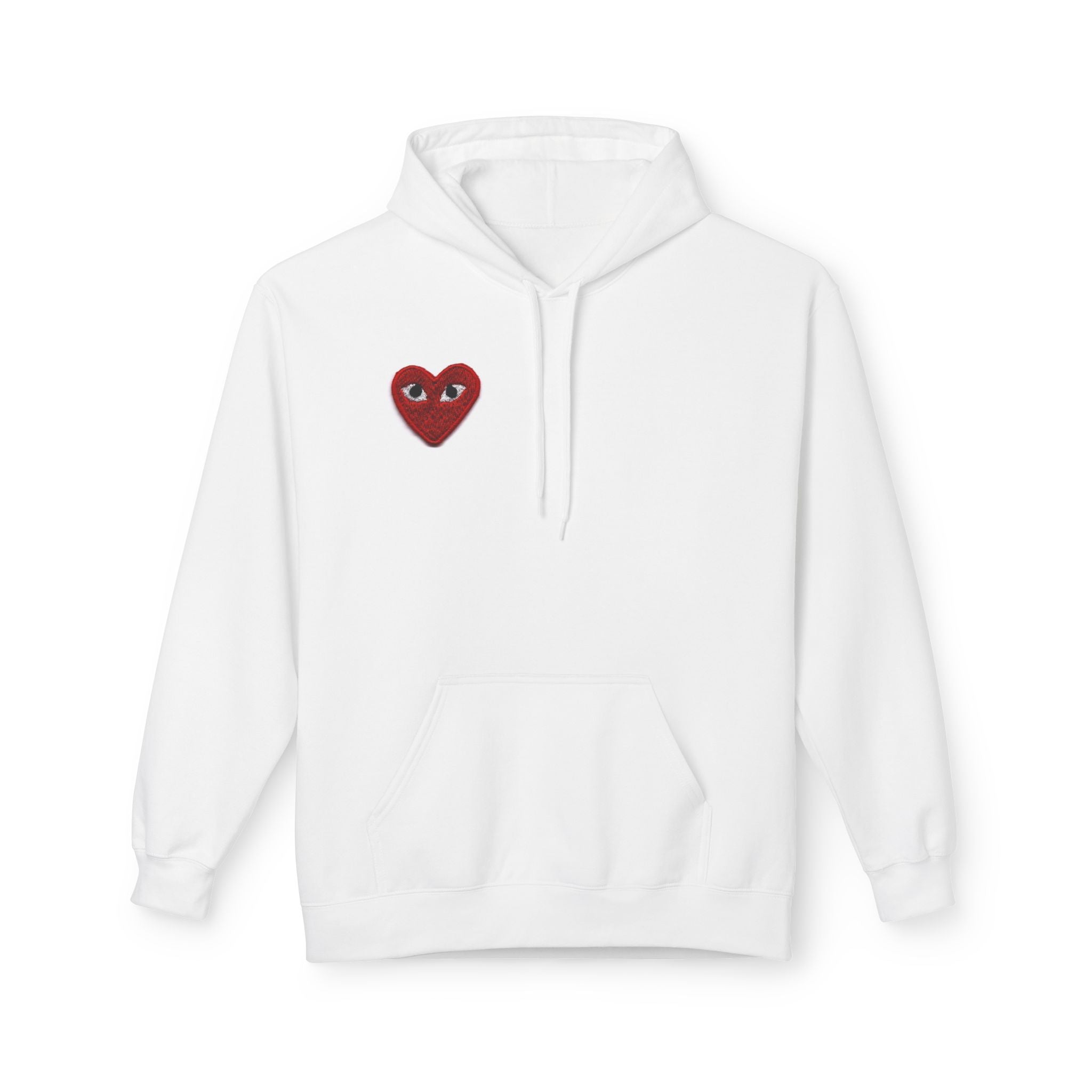 Heart Eyes Portrait Hoodie — Minimal Red Heart Chest + Retro Silhouette Back