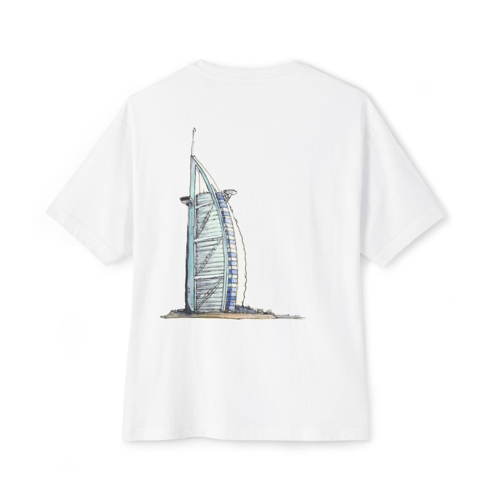 Dubai Travel Tee — “if not in DUBAI then where!?” Oversized Boxy T-Shirt with Burj Al Arab Back Print
