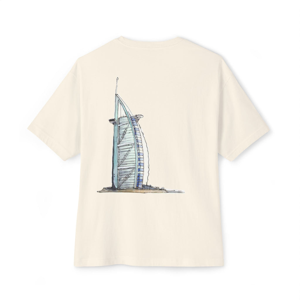 Dubai Travel Tee — “if not in DUBAI then where!?” Oversized Boxy T-Shirt with Burj Al Arab Back Print