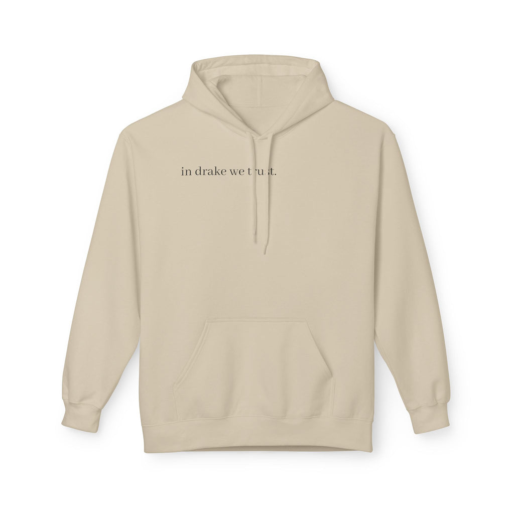 White Hoodie "in drake we trust" with Colorful Portrait Back — Casual Streetwear