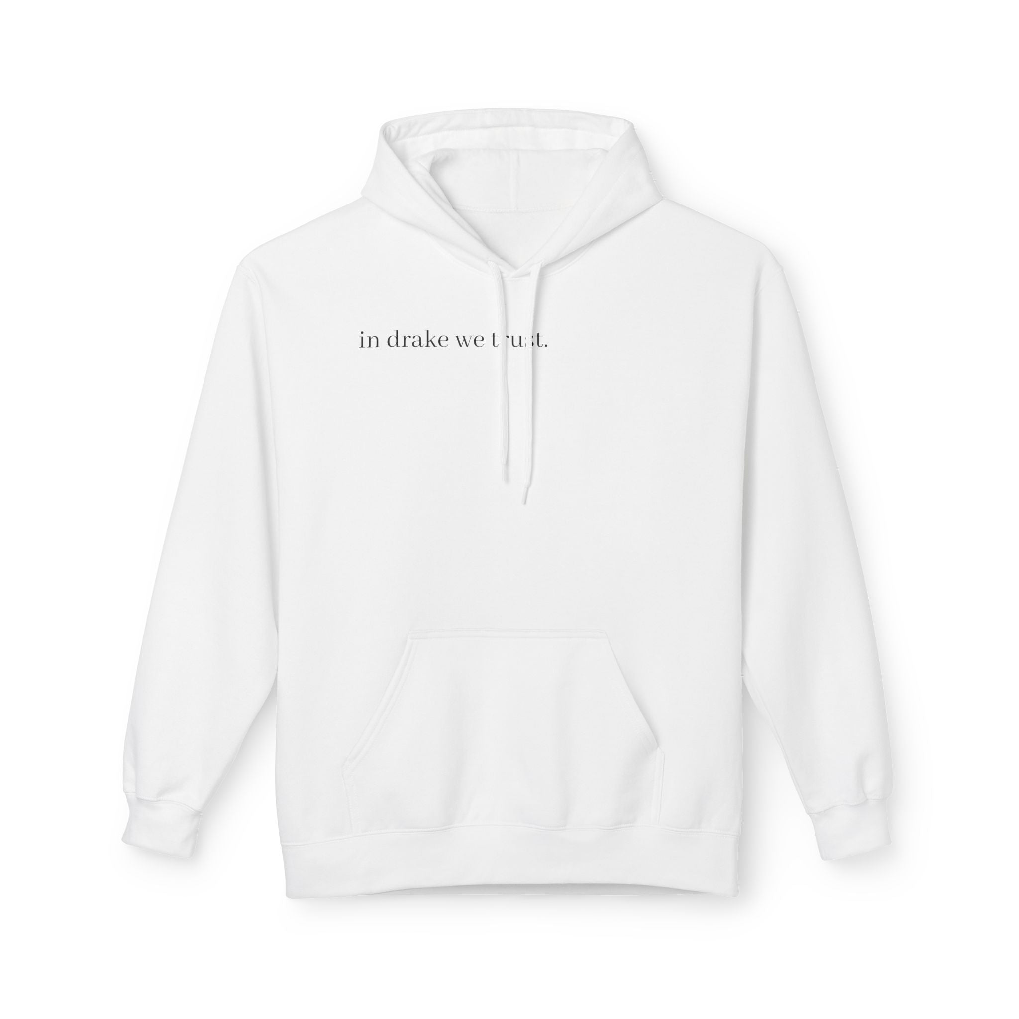 White Hoodie "in drake we trust" with Colorful Portrait Back — Casual Streetwear