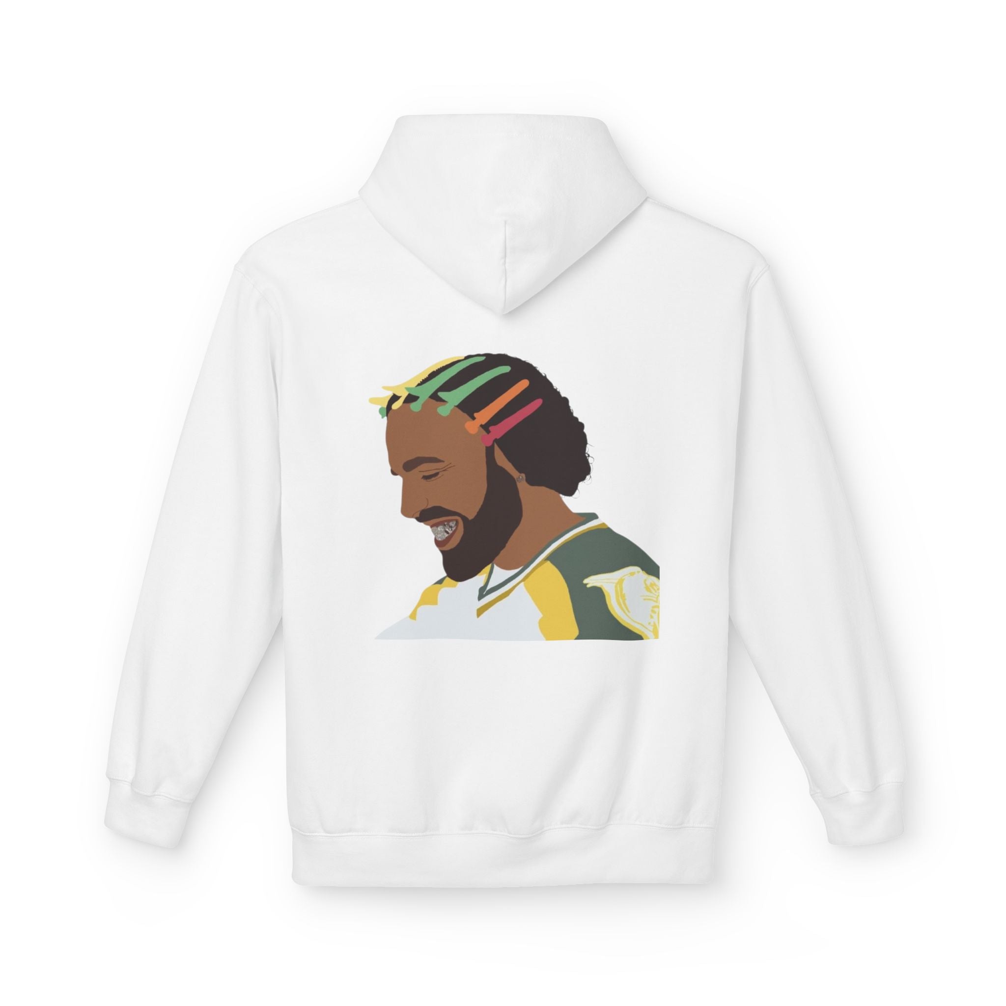 White Hoodie "in drake we trust" with Colorful Portrait Back — Casual Streetwear