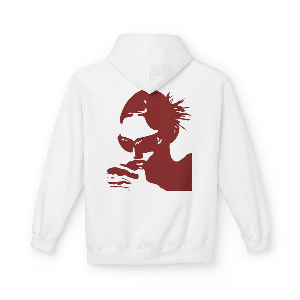Heart Eyes Portrait Hoodie — Minimal Red Heart Chest + Retro Silhouette Back